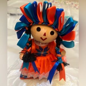 Handmade Mexican Ribbon Doll in Bright Orange & Turquoise